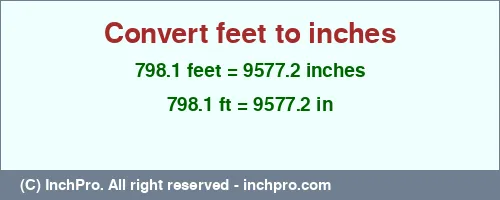798.1 feet to inches is equal to 9577.2 (in) Result converting 798.1 feet to inches = 9577.2 inches