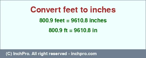 Result converting 800.9 feet to inches = 9610.8 inches