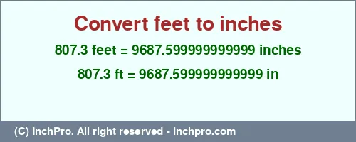 807.3 feet to inches is equal to 9687.599999999999 (in) Result converting 807.3 feet to inches = 9687.599999999999 inches