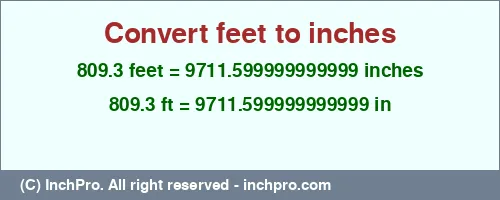 809.3 feet to inches is equal to 9711.599999999999 (in) Result converting 809.3 feet to inches = 9711.599999999999 inches