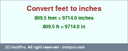 809.5 feet to inches is equal to 9714.0 (in) Result converting 809.5 feet to inches = 9714.0 inches