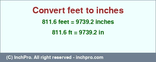 811.6 feet to inches is equal to 9739.2 (in) Result converting 811.6 feet to inches = 9739.2 inches