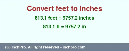 813.1 feet to inches is equal to 9757.2 (in) Result converting 813.1 feet to inches = 9757.2 inches