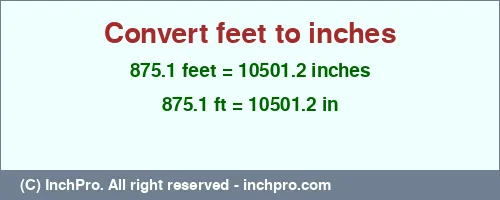875.1 feet to inches is equal to 10501.2 (in) Result converting 875.1 feet to inches = 10501.2 inches