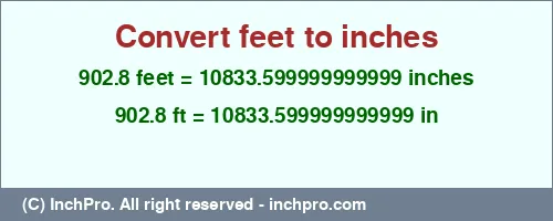 902.8 feet to inches is equal to 10833.599999999999 (in) Result converting 902.8 feet to inches = 10833.599999999999 inches