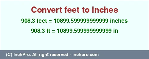 908.3 feet to inches is equal to 10899.599999999999 (in) Result converting 908.3 feet to inches = 10899.599999999999 inches
