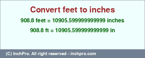 908.8 feet to inches is equal to 10905.599999999999 (in) Result converting 908.8 feet to inches = 10905.599999999999 inches