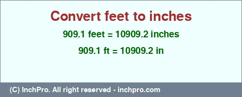 909.1 feet to inches is equal to 10909.2 (in) Result converting 909.1 feet to inches = 10909.2 inches