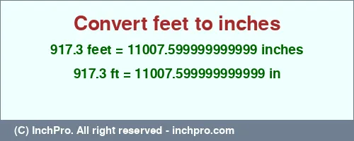 917.3 feet to inches is equal to 11007.599999999999 (in) Result converting 917.3 feet to inches = 11007.599999999999 inches