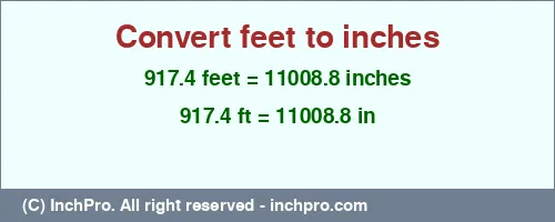 917.4 feet to inches is equal to 11008.8 (in) Result converting 917.4 feet to inches = 11008.8 inches