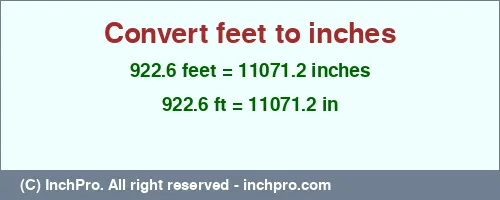922.6 feet to inches is equal to 11071.2 (in) Result converting 922.6 feet to inches = 11071.2 inches