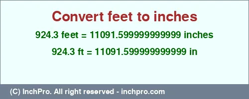 924.3 feet to inches is equal to 11091.599999999999 (in) Result converting 924.3 feet to inches = 11091.599999999999 inches