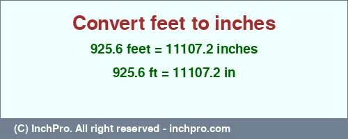 Result converting 925.6 feet to inches = 11107.2 inches
