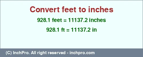 928.1 feet to inches is equal to 11137.2 (in) Result converting 928.1 feet to inches = 11137.2 inches