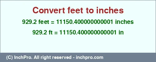 929.2 feet to inches is equal to 11150.400000000001 (in) Result converting 929.2 feet to inches = 11150.400000000001 inches