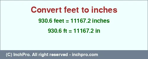 930.6 feet to inches is equal to 11167.2 (in) Result converting 930.6 feet to inches = 11167.2 inches