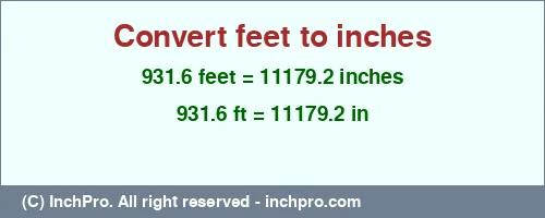 931.6 feet to inches is equal to 11179.2 (in) Result converting 931.6 feet to inches = 11179.2 inches