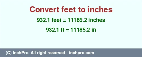 932.1 feet to inches is equal to 11185.2 (in) Result converting 932.1 feet to inches = 11185.2 inches