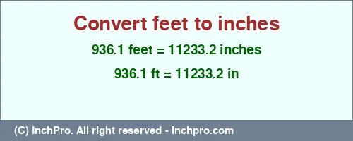 936.1 feet to inches is equal to 11233.2 (in) Result converting 936.1 feet to inches = 11233.2 inches