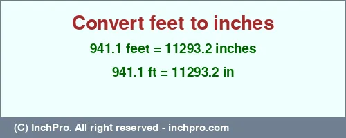 941.1 feet to inches is equal to 11293.2 (in) Result converting 941.1 feet to inches = 11293.2 inches