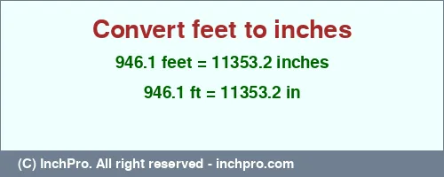 946.1 feet to inches is equal to 11353.2 (in) Result converting 946.1 feet to inches = 11353.2 inches
