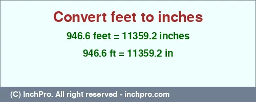 Result converting 946.6 feet to inches = 11359.2 inches