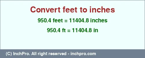 950.4 feet to inches is equal to 11404.8 (in) Result converting 950.4 feet to inches = 11404.8 inches