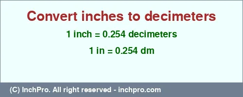 1 inch to dm is equal to 0.254 (dm) Result converting 1 inch to dm = 0.254 decimeters