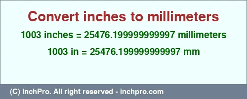 1003 inches to mm is equal to 25476.199999999997 (mm) Result converting 1003 inches to mm = 25476.199999999997 millimeters