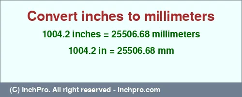 1004.2 inches to mm is equal to 25506.68 (mm) Result converting 1004.2 inches to mm = 25506.68 millimeters