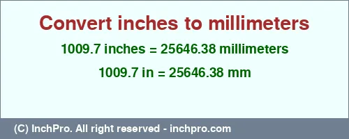 1009.7 inches to mm is equal to 25646.38 (mm) Result converting 1009.7 inches to mm = 25646.38 millimeters