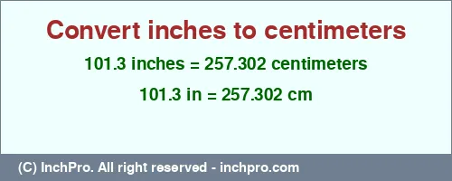 101.3 inches to cm is equal to 257.302 (cm) Result converting 101.3 inches to cm = 257.302 centimeters