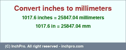 1017.6 inches to mm is equal to 25847.04 (mm) Result converting 1017.6 inches to mm = 25847.04 millimeters
