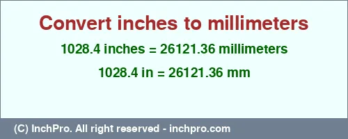 Result converting 1028.4 inches to mm = 26121.36 millimeters