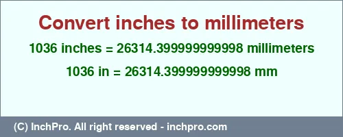 1036 inches to mm is equal to 26314.399999999998 (mm) Result converting 1036 inches to mm = 26314.399999999998 millimeters