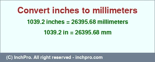 1039.2 inches to mm is equal to 26395.68 (mm) Result converting 1039.2 inches to mm = 26395.68 millimeters