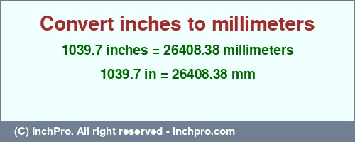 1039.7 inches to mm is equal to 26408.38 (mm) Result converting 1039.7 inches to mm = 26408.38 millimeters