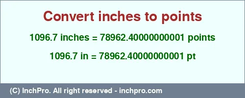 1096.7 inches to pt is equal to 78962.40000000001 (pt) Result converting 1096.7 inches to pt = 78962.40000000001 points