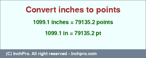 1099.1 inches to pt is equal to 79135.2 (pt) Result converting 1099.1 inches to pt = 79135.2 points