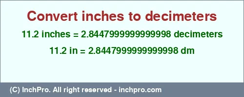 11.2 inches to dm is equal to 2.8447999999999998 (dm) Result converting 11.2 inches to dm = 2.8447999999999998 decimeters