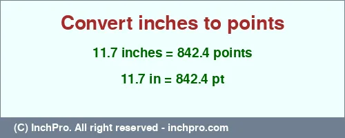 11.7 inches to pt is equal to 842.4 (pt) Result converting 11.7 inches to pt = 842.4 points
