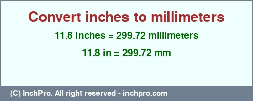 11.8 inches to mm is equal to 299.72 (mm) Result converting 11.8 inches to mm = 299.72 millimeters