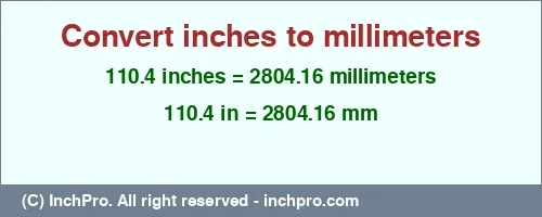 110.4 inches to mm is equal to 2804.16 (mm) Result converting 110.4 inches to mm = 2804.16 millimeters