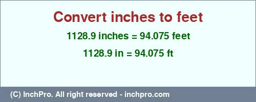 1128.9 inches to ft is equal to 94.075 (ft) Result converting 1128.9 inches to ft = 94.075 feet