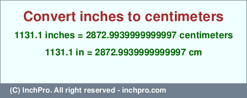 Result converting 1131.1 inches to cm = 2872.9939999999997 centimeters