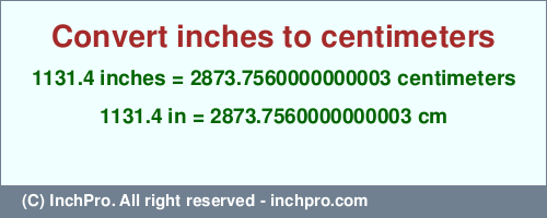 Result converting 1131.4 inches to cm = 2873.7560000000003 centimeters
