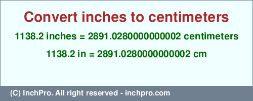 1138.2 inches to cm is equal to 2891.0280000000002 (cm) Result converting 1138.2 inches to cm = 2891.0280000000002 centimeters