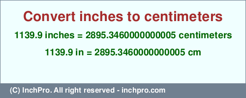 Result converting 1139.9 inches to cm = 2895.3460000000005 centimeters