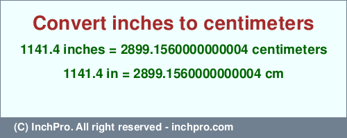 Result converting 1141.4 inches to cm = 2899.1560000000004 centimeters