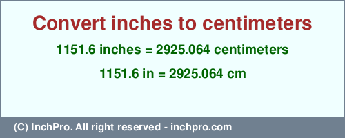 Result converting 1151.6 inches to cm = 2925.064 centimeters